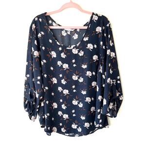Lush Womens Semi Sheer Button Back Blouse Navy Blue Floral Size 2X Boho Cottage